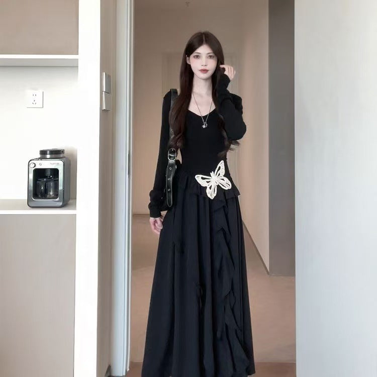 2025 Autumn Dress New Long-Sleeved Irregular Butterfly Small Black Dress Early Autumn Wearing Elastic Waist Dress