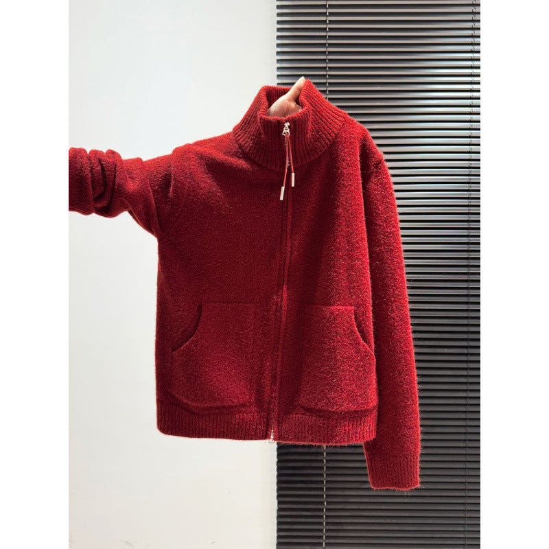 KANING Collar Thick Red Sweater Women's Cardigan High-Necked Autumn And Winter New Lazy Woolen Knitted Knitted Shirt