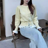 KANING Korean Sweet Fake Two Lace Side Knitted Cardigan Women 2026 Autumn New Waist Reduction Age Sweater