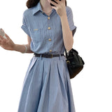New French High-End Blue Striped Shirt Dress Female Summer Polo Dress