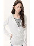 Snow Cotton Korean Autumn And Winter Sweet Wind And Fake Two Spliced Long-Sleeved T-Shirt Women's Top Half Open Collar Small Fragrant Blouse
