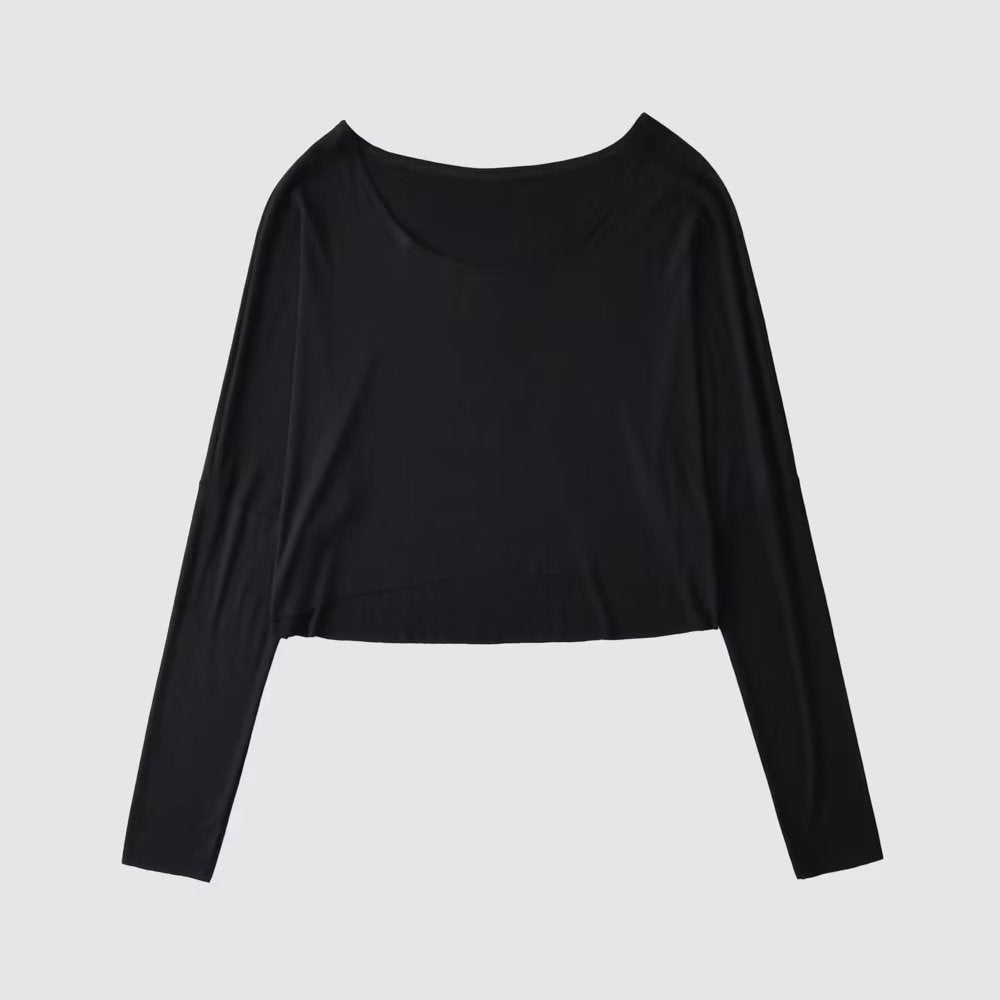 Dancing Short Hooded Shirt Loose Shoulder Collar Collar Solid Color Loose Long-Sleeved T-Shirt