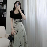 Hao Ben Style Printed Dress Women's Summer Design Sense To Receive Waist Dress Elegant High-End A-Word Skirt