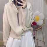 KANING Double Zipper Semi-High Collar Knitted Cardigan 2026 Autumn New Design Sweater Coat Women's Clothing