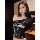 Vintage Sexy Out-Shoulder Long-Sleeved T-Shirt Girl Spring New Slimming Black Hottie Top