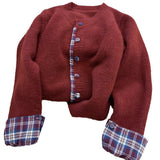 KANING Fake Two-Piece Round Collar Splicing Lattice Sweater 2026 Autumn New Korean Loose Leisure Knitted Open Shirt
