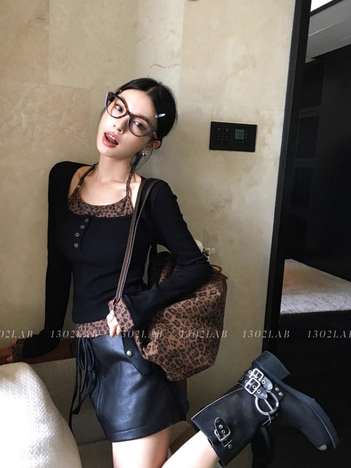Vintage Sweet And Spicy Sexy Leopard Splicing Fake Two Hanging Neck Long Sleeve Bottom Slim Slim Top T-Shirt