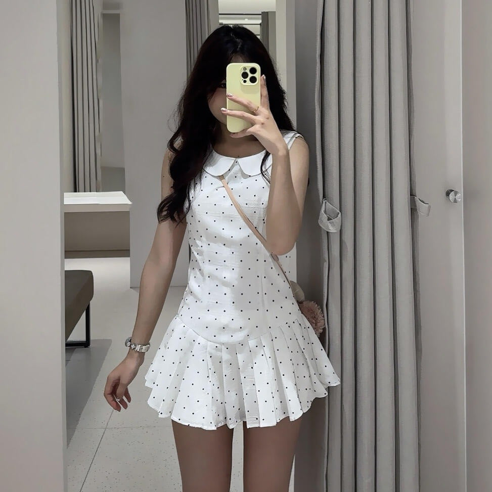 French Style Temperament White Wave Dot Doll Collar Vest Dress Girl Small Waist Thin 100-Fold Short Skirt