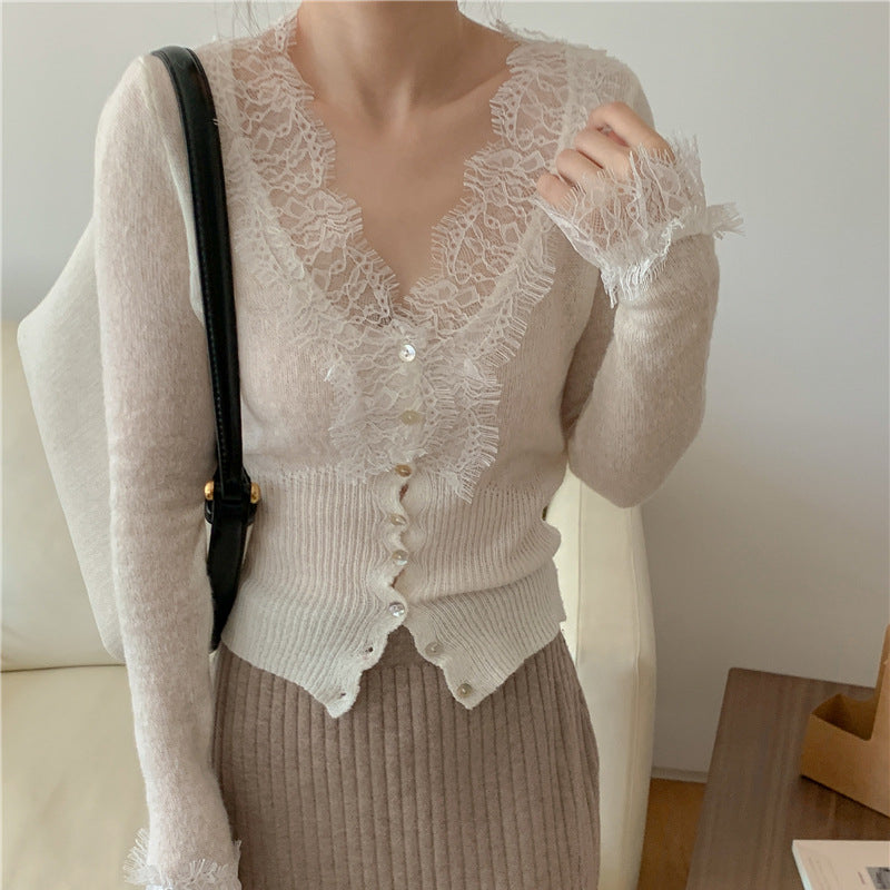 Spring New Lace Sister High-End Knitted Cardigan French Bodywear