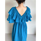 Korean Chic Summer Vintage V-Neck Drawstring Tethered With Wooden Ear Lotus Leaves Folded Waist Flying Sleeve Dress Woman