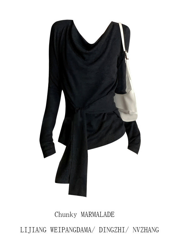 Korean Design Sense Niche Belt T-Shirt Girl Early Autumn Loose Folding Tie Strap Thin Top