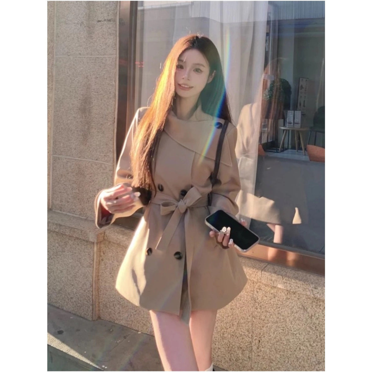 British Wind Double Buckle Collar Jacket Women Autumn Strap Loose Long Temperament Casual Cardigan Top