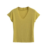 Pure-Want Summer Thin Fashion Simple V Collar Side Short Sleeve Half Sleeve Thin Tight Sexy Shirt T-Shirt