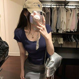 Ins Pure-Breining Style Short Sleeves And U-Necked Short-Sleeved T-Shirt Women's Collarbone Low-Chest Short-Sleeved Topess