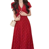 Sweet Red Blisters Bubble Sleeves V-Neck Dress Summer New Gentle Temperament High-Waist Vacation A Long Dress Woman