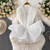 Vintage Style Niche Sexy Lace Long-Sleeved Dress Women Summer Waists Thin Ponhosle Side Short Skirt