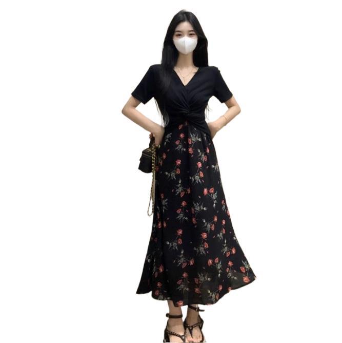 Large-Size Tea Break French Dress Xia Heben Style Two Broken Floral Skirt Fat MM Waist Show Thin Skirt