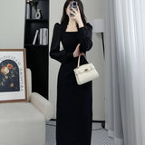 2025 Autumn Long Sleeve French Waist Design Sense Of Medium Long Temperament New Square Neck Thin Dress Casual
