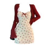 Large-Size Fat Mm French Sweet Hottie Sweet Bumpy Dress Girl Summer Red Cardigan + Broken Floral Skirt Two-Set