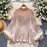 Court Style Niche High-End Feeling Heavy Industry Nails Drill Lantern Sleeve Escre Net Yarn Shirt Women Loose Leisure Top