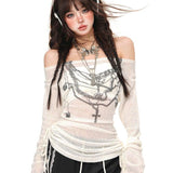 Hottie Style Printed A Word Shoulder Long-Sleeved T-Shirt Girl Autumn Micro-Permeable Mesh Repair Body Thin Inside Clothes