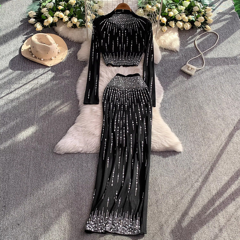 Ins Light Luxury Heavy Industry Diamond Nail Beads Half-High Collar Short Top + High Waist Thin Bag Hip Skirt Set