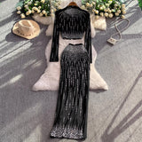 Ins Light Luxury Heavy Industry Diamond Nail Beads Half-High Collar Short Top + High Waist Thin Bag Hip Skirt Set