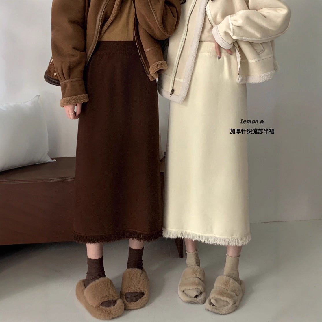 Autumn And Winter New French Retro Fragrant Tweed Knitted Half-Dress Girl With High Waist Long Straight Skirt