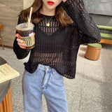 2026 Autumn And Summer New Sweet Age Reduction Hollow Knitted Shirt Girl Loose Thin Thin Thin Thin Thin Color Cover Shirt Top Woman