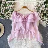 Super Good-Looking Sweet Age-Bearing Leaf Side Three-Dimensional Flower Shoulder Shirt Female Niche Fairy Irregular Shirt Winter