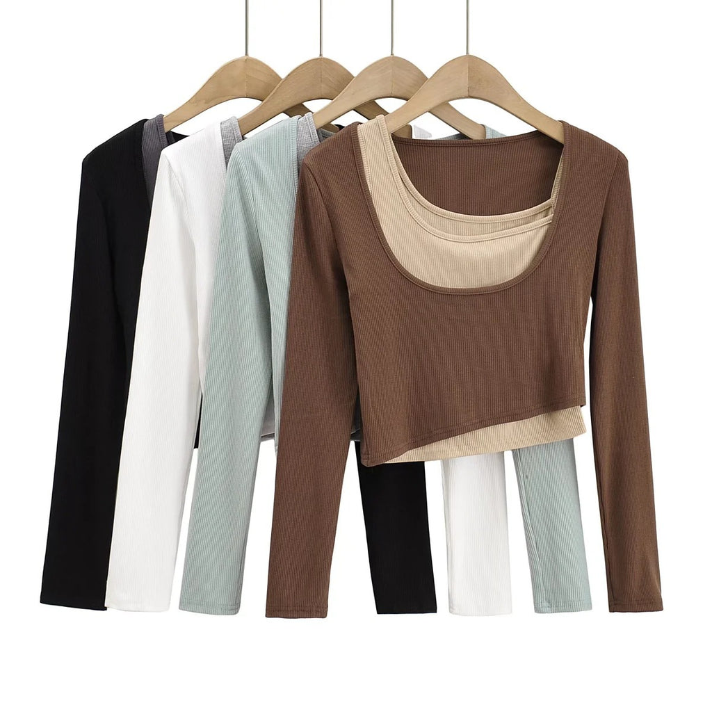 INS Spring/Autumn Irregular Colleal Slammed Two-Sleeved Set Of Women's U-Neck Solid Colored Long Sleeved T-Shirt
