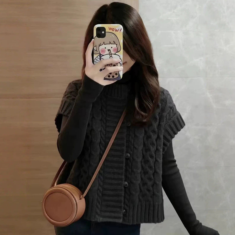 LEKA Senior Sense Shoulder Cardigan Knitted Vest Women's Autumn And Winter New Design Feel Chic Sleeveless Top