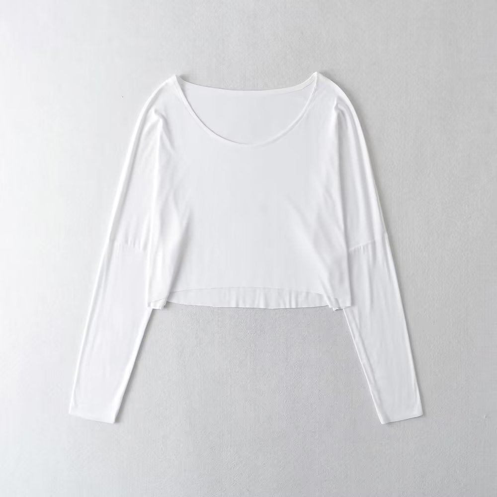 Dancing Short Hooded Shirt Loose Shoulder Collar Collar Solid Color Loose Long-Sleeved T-Shirt