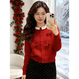 KANING New Year Red Butterfly Knit 2026 Spring New Lace Round-Neck Long Sleeve Sweater
