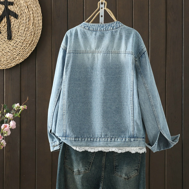 2026 Spring Fashion Women's Temperament Slimy Size Slimming Age Loose Lace Splicing Denim Jacket Female