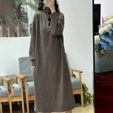 Autumn And Winter Commute Wind Solid Color Button High-Collar Dress Women Loose Waist Cover Meat Age Over The Knee Long Clock Dress