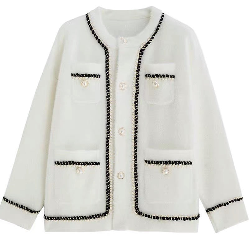 Small Fragrant Wind Set With Pearl Buckle Jacket 2025 New Imitation Watery Velvet Sweater Cardigan Women's Autumn And Winter Knitted Shirt Top
