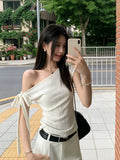 [Original Barbie Bamboo Day Cotton] White Oblique Shoulder T-Shirt Girl Xia Pure Want To Show Thin Hot Girl On The Short Sleeves