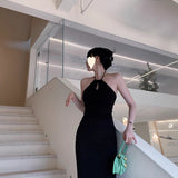 Black Hanging Neck Sexy Out-Shoulder Dress Repair Pocket-Length Dress Small Black Dress
