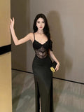 Received Waist Dress Open Black Hollow Sexy Dress Temperament Evening Dress With Chest Pads Lace Bag Hip Dress