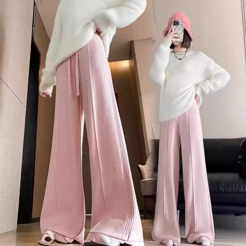 KANING Tight Waist Knitted Broad Leg Pants Women 2026 Autumn New High-Waist Design Feeling Solid Color Knitted Wool Trousers