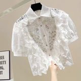 Heavy Industry Nail Beads Diamond Glide Design Sweet Wood Ear Lace Splicing Hook Hollow Short Lace Shirt Woman