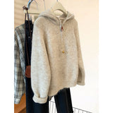 Kaning Half Zipper Hooded Sweater Female Autumn New Lazy Wind Soft Tucked Bottom Top Thick Knitted Shirt
