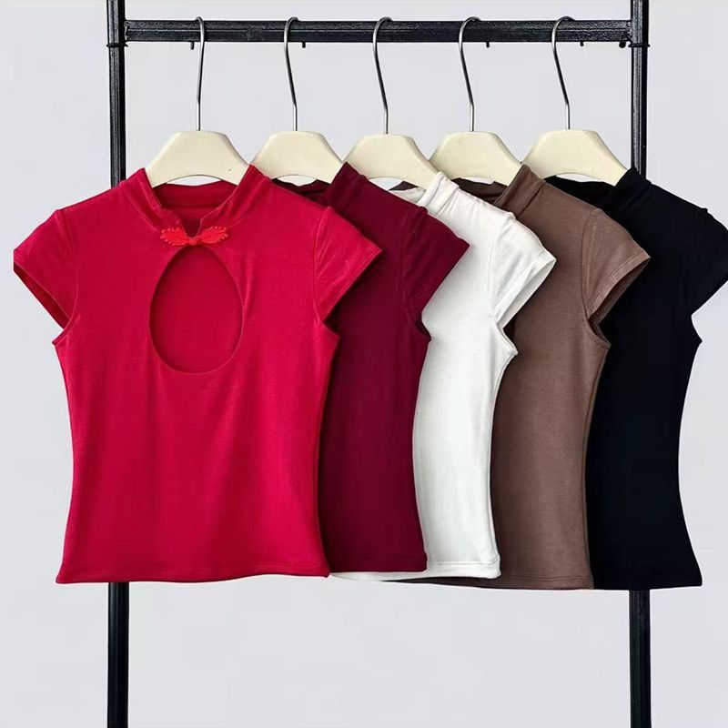 Sexy Babes Hollow Coffee Color Short-Sleeved T-Shirt Girl Spring New Slim Slimming Small Catch-Up Top