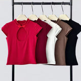 Sexy Babes Hollow Coffee Color Short-Sleeved T-Shirt Girl Spring New Slim Slimming Small Catch-Up Top