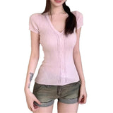 4.1/New In Spring XUAN XIAO JIE Solid Color V-Necked Knitted Short-Sleeved T-Shirt For Women