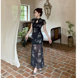 New Chinese Style Improved Cheongsam Dress Women's Summer Black Mesh Printing Tight-Up Long Skirt