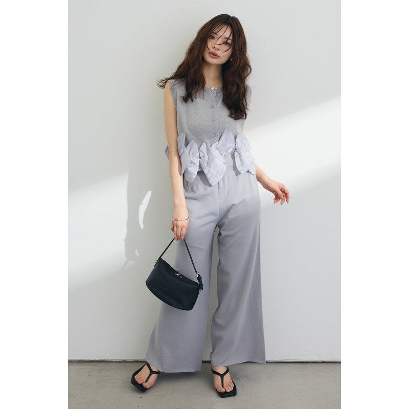 Real Shooting A Large Number Of Four Seasons Can Be Folded Can Wear A Single Female Striped Solid-Colored Bow Top + Women's Broad Pants