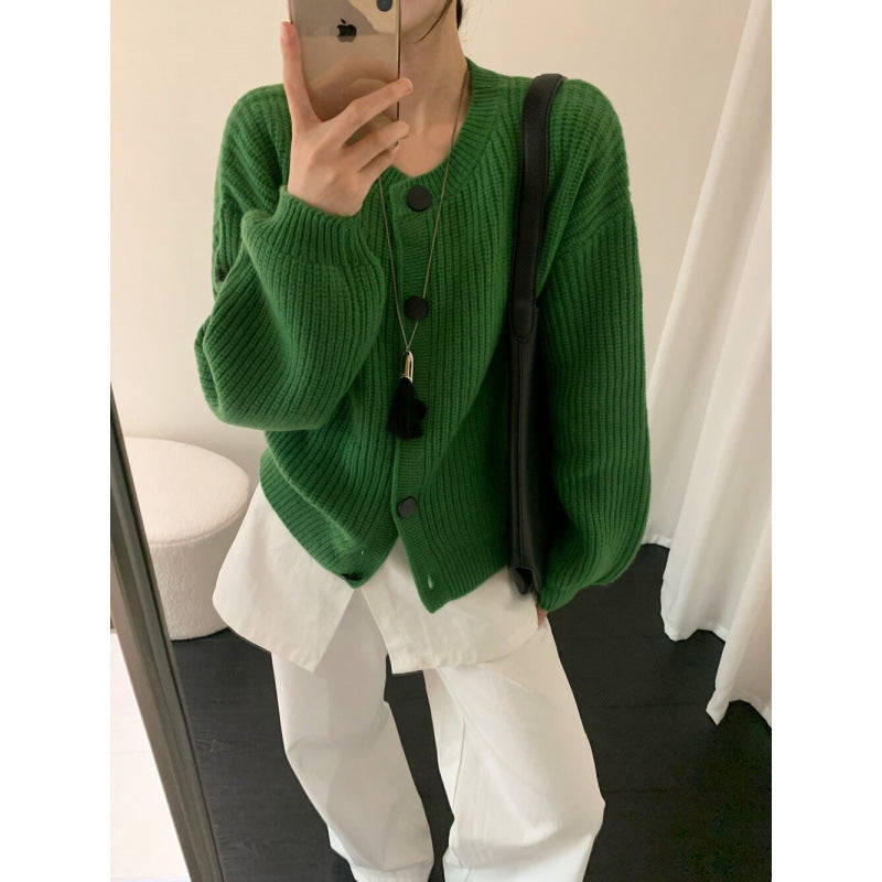 KANING Purple Thin Round Collar Knitted Cardigan 2026 Autumn And Winter New Loose Lazy Wind Solid Color Sweater Jacket
