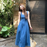 Blue Mist Love French Denim Dress Women's Summer Niche Design Feel Waist Temperament Sling Skirt